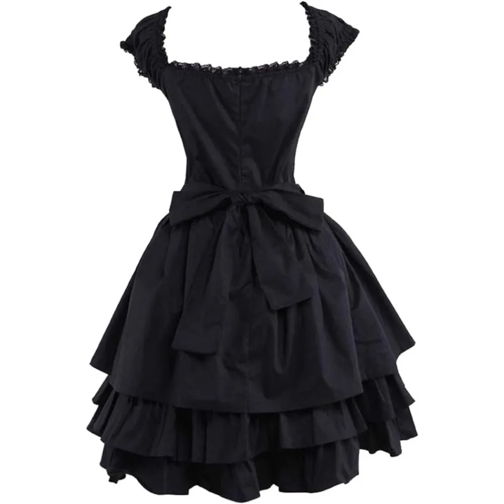 Klassisches schwarzes mehrlagiges Goth-Lolita-Kleid mit Schnürung für Damen, elegante Partykleidung mit Spitze und Schleife, Halloween-Anime-Dienstmädchen-Kostüme