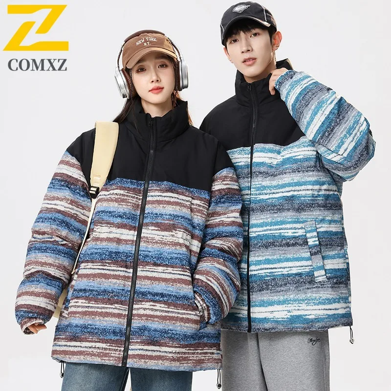 COMXZ 2025 Winter Stand Collar Color Block Padded Coat Unisex Casual Sports Outwear Candy Color Trendy Warm Couple Jacket