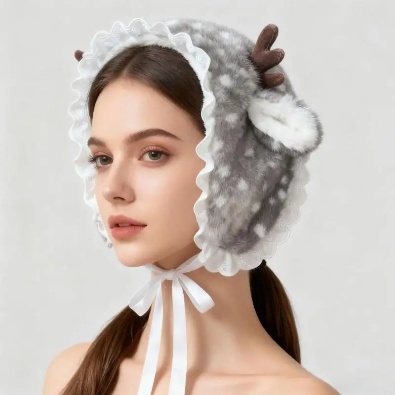 

72XE Soft Plush Integrated Scarf Ear Muffs Ruffled Detail Warm Headdress Props