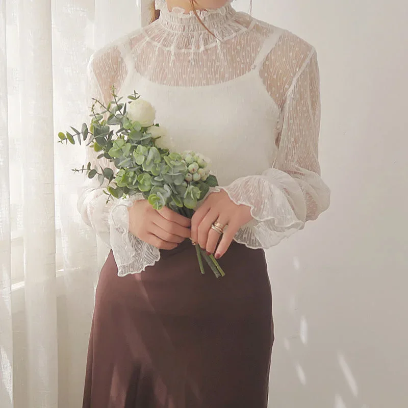 Sexy Women's Lace Layering Top Long Sleeve Sheer Mesh High Neck Undershirt Y2K Lace Floral Tops See Through Shirt Elegant Blouse
