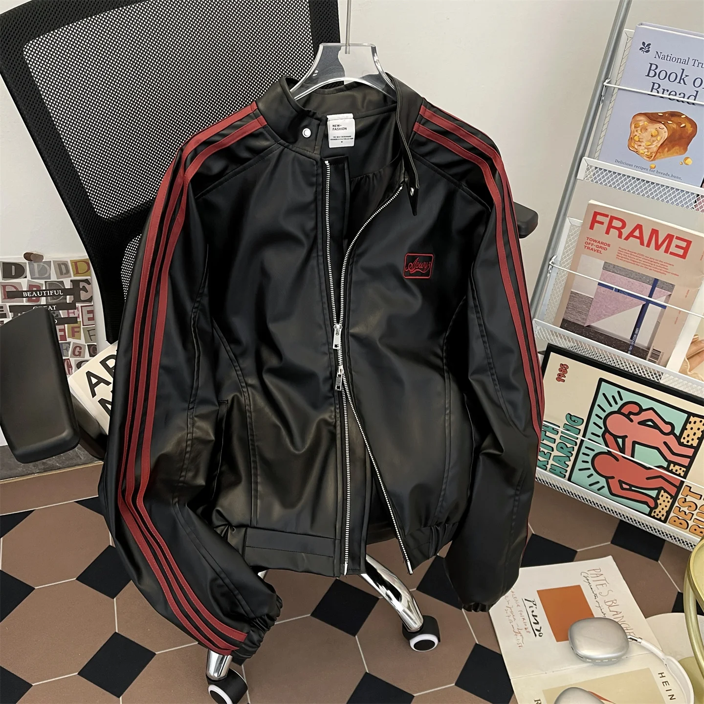 

American Street Sle Color Blo Stripe Motorcycle PU Leather Jaet Men's High Sensation Cool Racing Suit Leather Coat