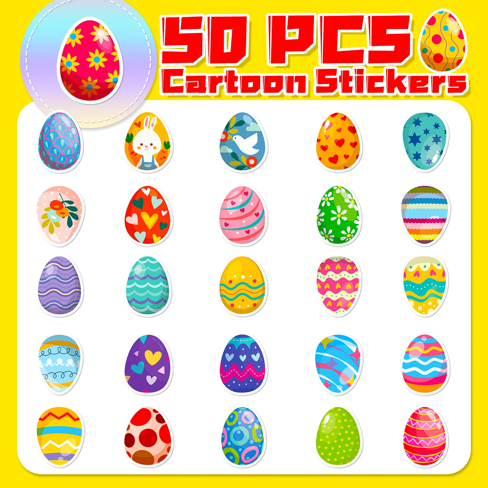 50PCS Easter Egg Cartoon Holiday Stickers Children's Cute Stickers Rewards Student Stickers Labels Gifts Children's Toys