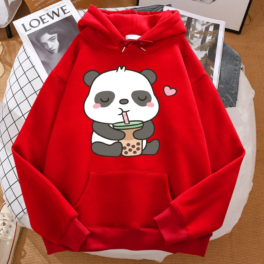 Men's Harajuku warm hoodie, panda love to drink bubble tea printed hoodie, spring and autumn fashion casual sweatshirt