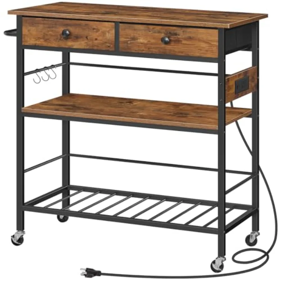 

Кухонный остров-тележка с хранением, 2 выдвижными ящиками, розеткой, 3-уровневой кофейной станцией и подставкой для микроволновой печи