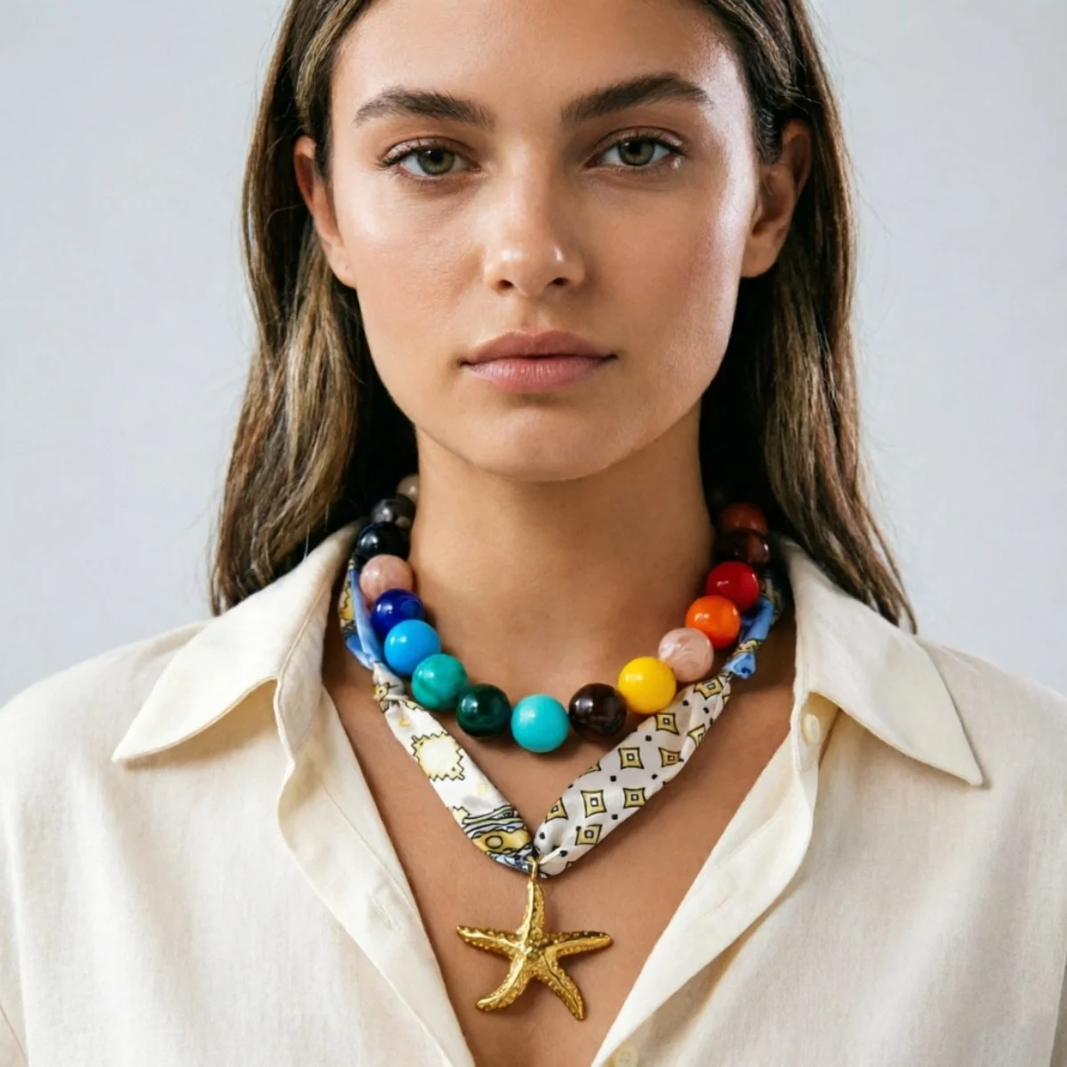 Bunter Acryl-Rundperlen-Schal mit Aufdruck, Seestern-Halskette für Frauen, Doppelschichtiger Edelstahl-Stern-Choker-Schmuck – Detail 17