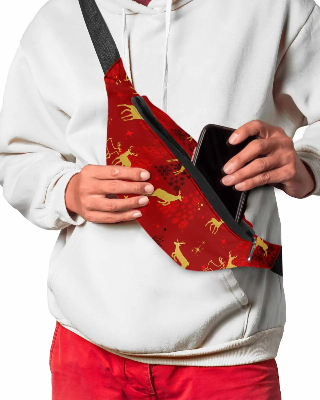 Christmas Deer Christmas Tree Star Red  Men Women Waist Bag Fanny Pack Belt Bag Wallet Pouch Waterproof Banana Hip Bags