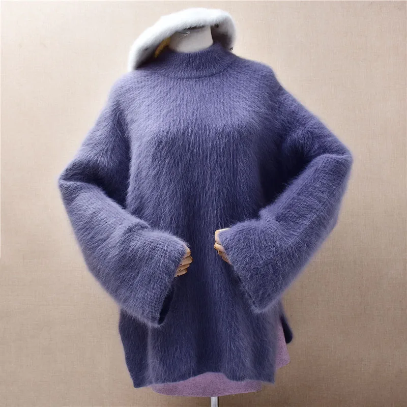 

Women Mujer Autumn Winter Clothing Hairy Mink Cashmere Knitted Turtleneck Long Flare Sleeves Loose Pullover Sweater Jumper Pull