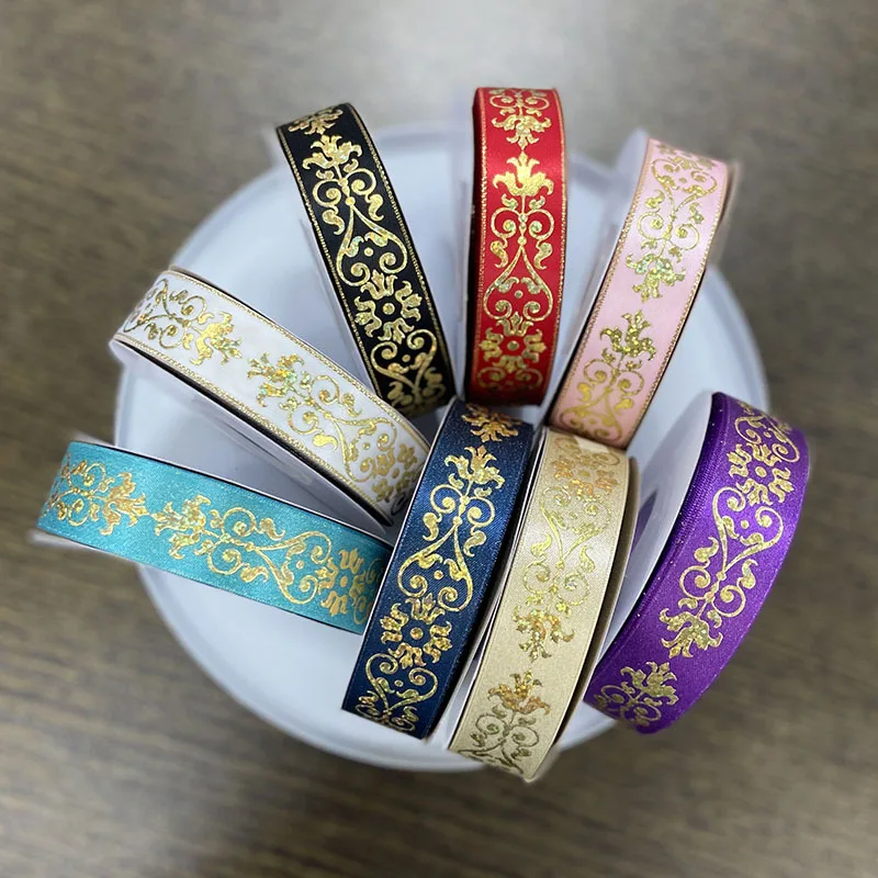 50Yards 25mm Hologram Gold Foil European Baroque Damask YAMA Satin Ribbon Welcome Custom Printed