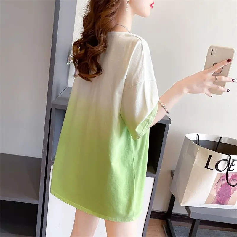 2023 Summer Korean Version Loose Casual Oversize Belly Covering Mid Length Heavy Duty Tie Dyed Round Neck Short Sleeved T-shirt
