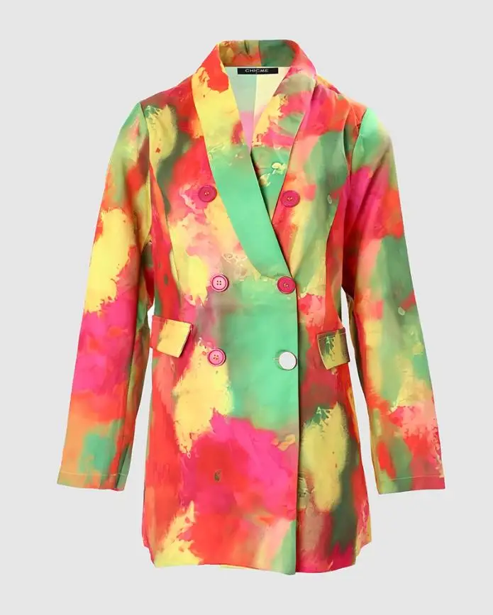 Women's Art Tie Dyeing Suits 2024 Spring Latest Elegant Shawl Collar Tie Dye Print Long Sleeve Blazer Coat High Waist Pants Set