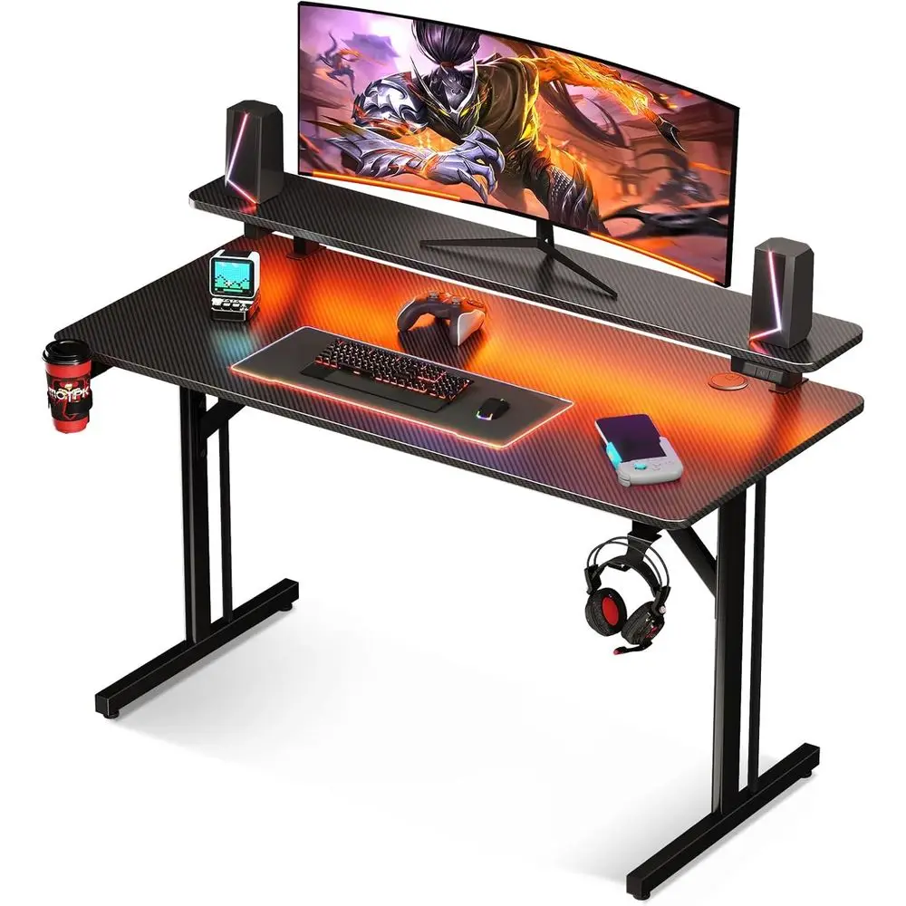 

39-дюймовый компактный игровой стол с LED-подсветкой, компьютерный игровой стол с полкой для монитора, геймерский стол с текстурой карбонового волокна, Ki