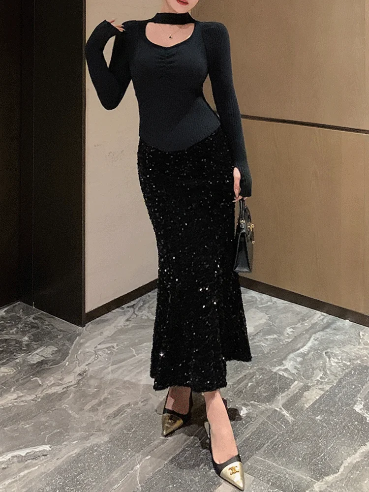 Gonna a coda fi con paillettes in velluto La Chapelle Gonna da donna autunno inverno Ele a vita alta di media lunghezza con diamanti scintillanti