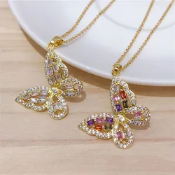 Luxury Colorful Zircon Big Butterfly Pendant Necklace Stainless Steel Choker Collar Jewelry Party Gifts For Women Girls