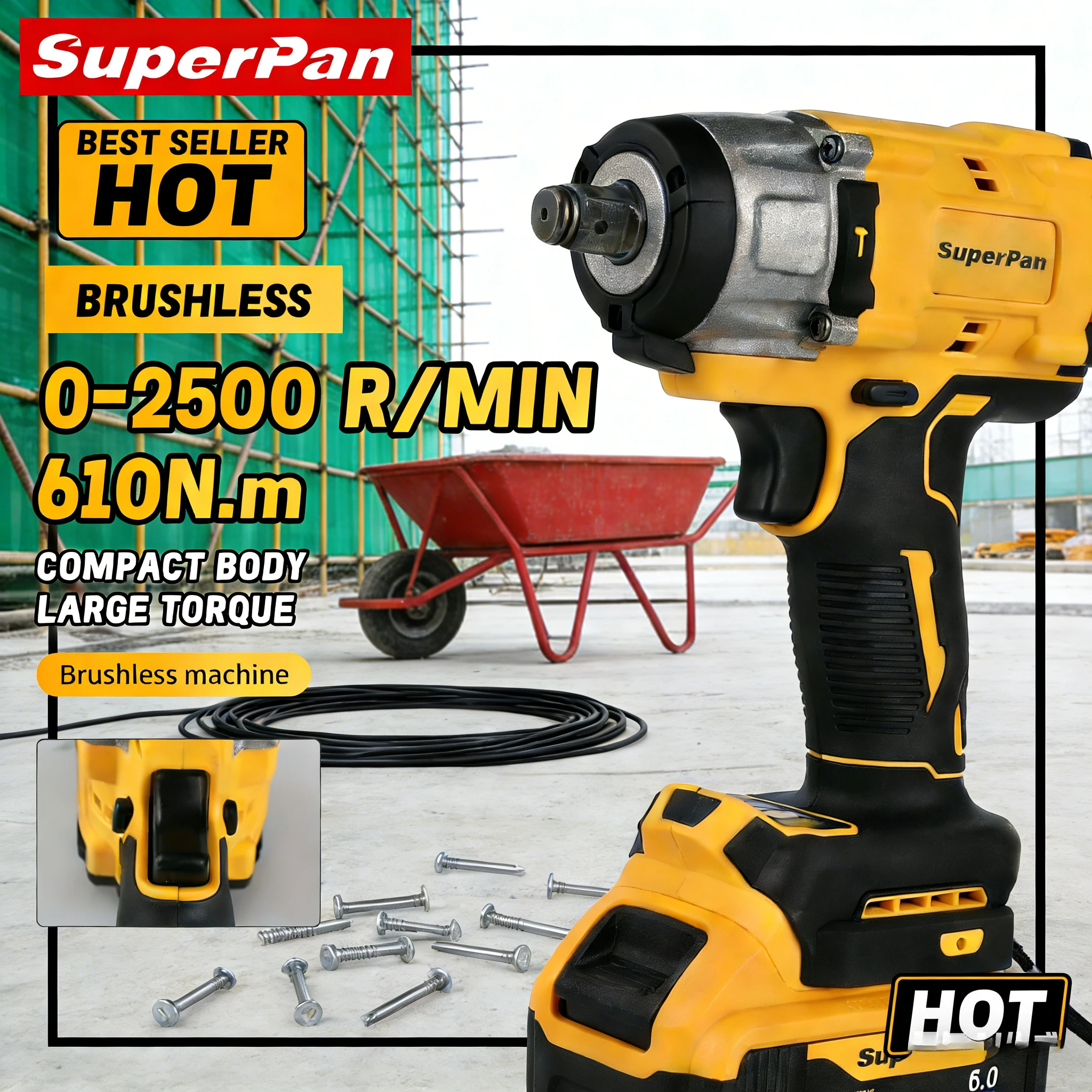 

SuperPan SP922 Impact Wrench Heavy Duty Tools 20V Lithium ion 610NM 1/2" Drive Mining Repair for dewalt 20V battery pin tools