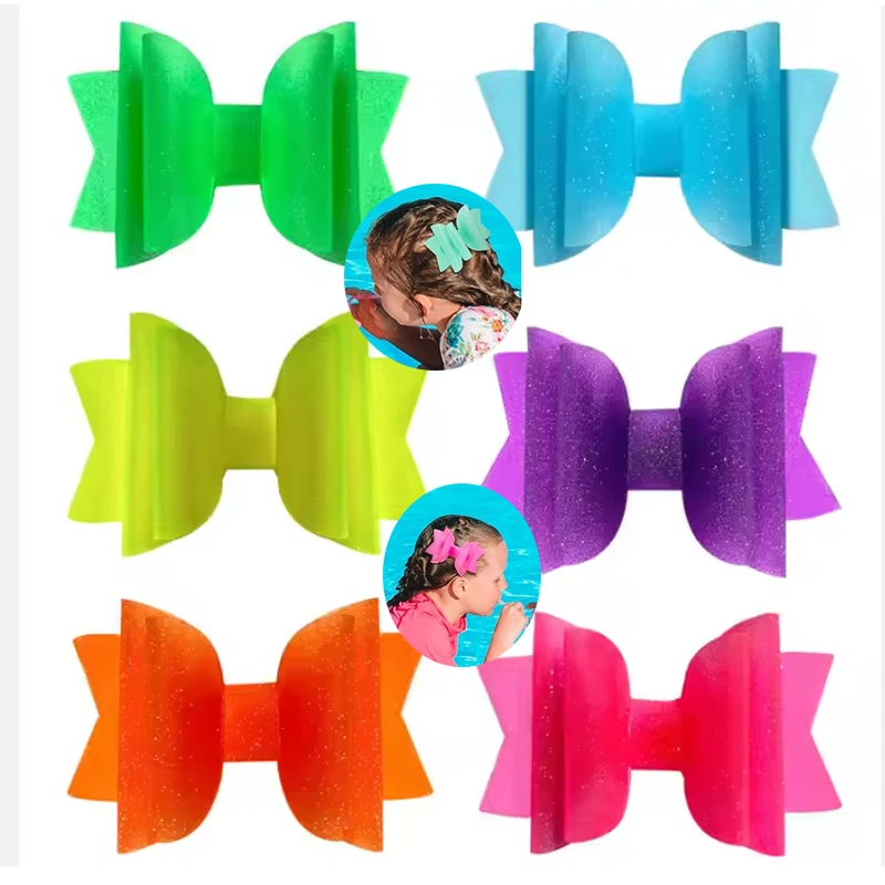 

6pcs/ Jelly Colors Transparent Waterproof Hair Bows Summer Swim Pool Hair Clips Neon Colors Summer Hair Bow