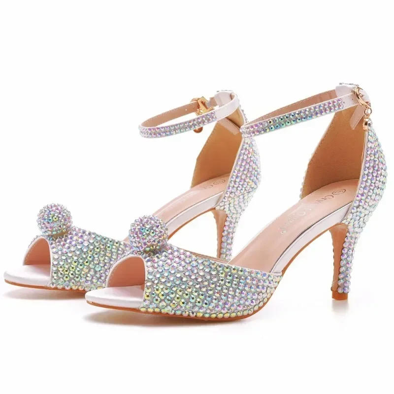 Strap Sandals Party Rhinestone PU 7CM Thin Heels Buckle  Bridal Wedding  Colored Diamond Women Pumps