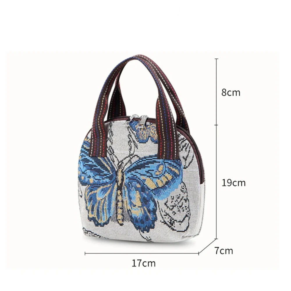 Butterfly Embroidery Top Handle Bag Small Phone Storage Purse Women\'s Woven Handbag With Zipper Canvas Handbag Canvas Bag