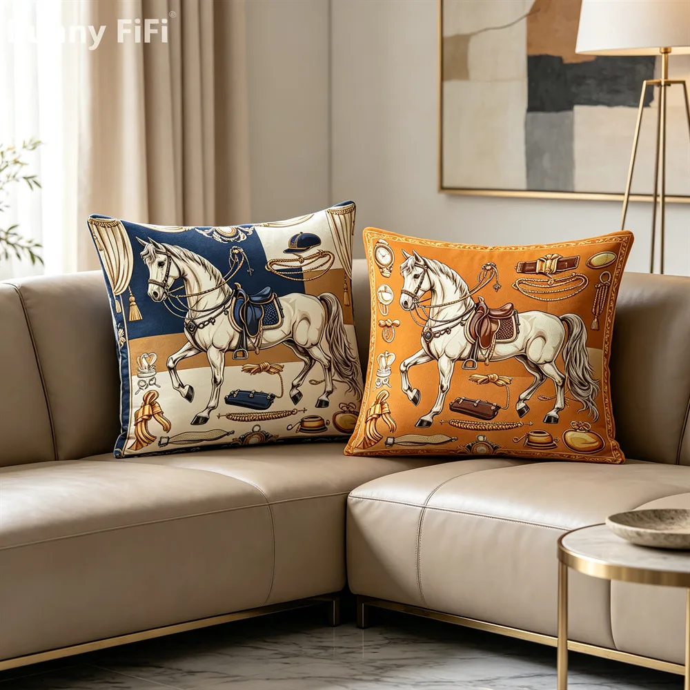 Luxury Vintage Equestrian Horse Throw Pillow Cover Retro Baroque White Horse Cushion Case For Living Room Decor Pillowcase 60x60