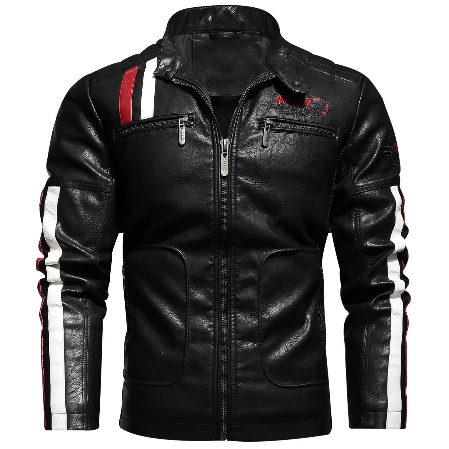 Comprehensive Training Men's Embroidered PU Jacket Windproof Cotton Jacket Men's Racing Clothes, Locomotive Leather Jacket Men