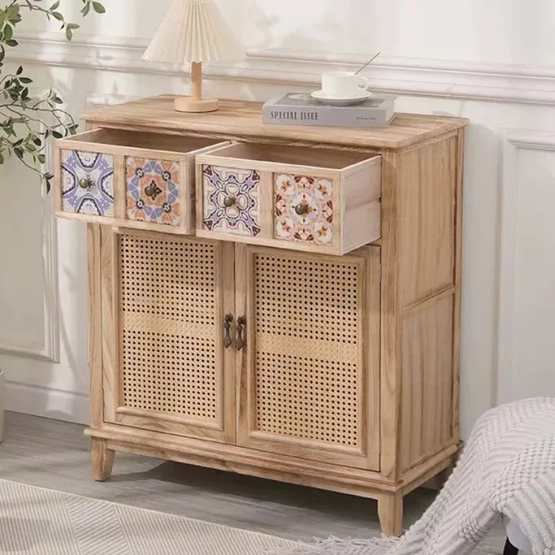 Solid Wood Retro Storage Sideboard with Rattan Door Large Capacity Entryway Tea Cabinet for Living Room Balcony Vintage Dresser