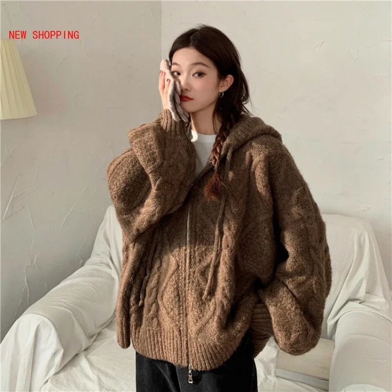Women Autumn Winter Twist Zipper Hooded Sweater Coats Knitted Cardigan Jacket Oversized Long Sleeve Outwear Teddy Coat Brown