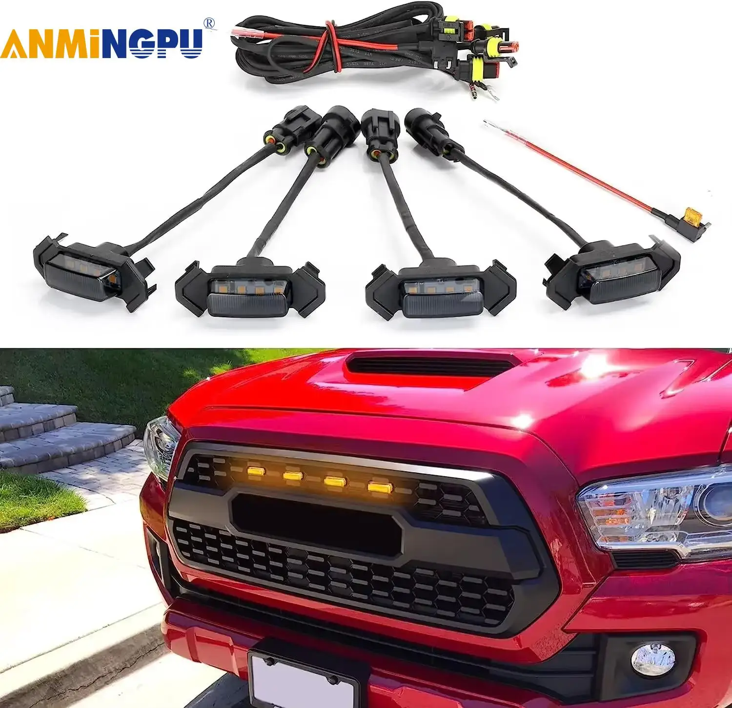 

Car Front LED Grille Light Smoked Amber White 4LED Grill Light Eagle Eye Lamp for Off Road Trunk SUV Ford Toyota Universal