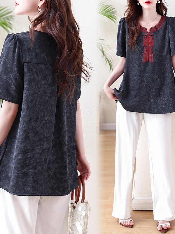 Elegant Floral Print Loose Women's T-Shirt Half Sleeve Casual Style Summer Fashion Label Removed Ladies' Top round Neck