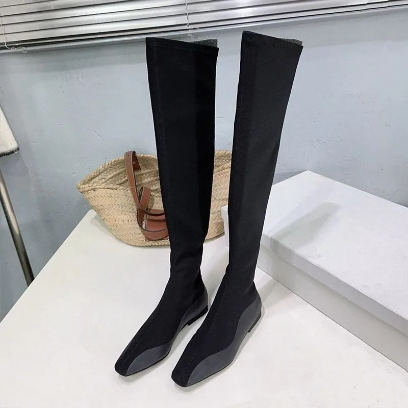 Long Booties Women Stretch Fabric Splicing Fashion Knee High Boots Spring Autumn Flat Bottom Round Toe Patchwork Morden Boots