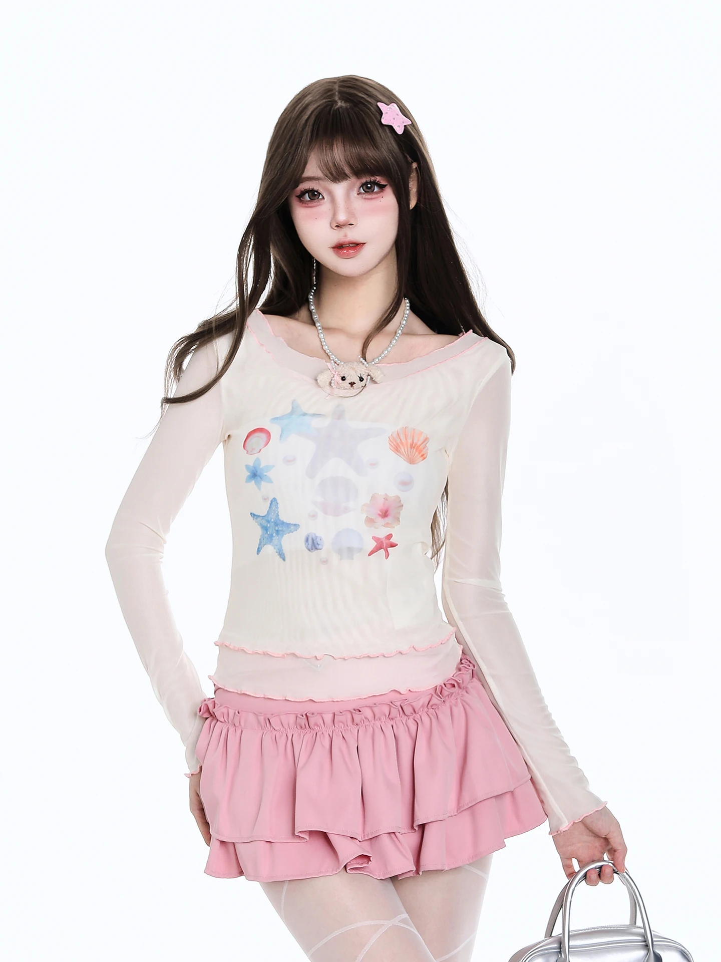 Korean Sweet Spicy Girl Fun Five Star Sea Print Mesh Long Sleeve T-Shirt Women's Autumn Fake Two-Piece Slimming Top