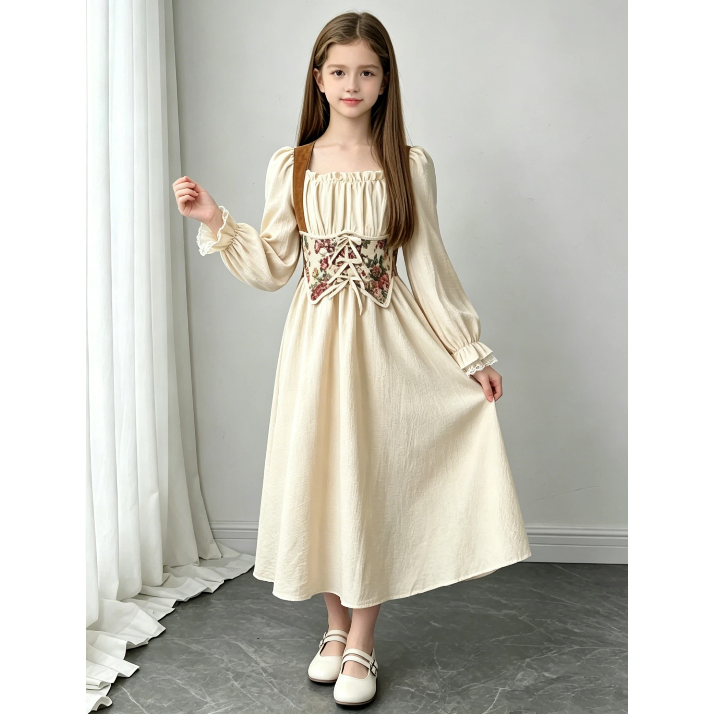 2023 herbst Neue Kinder Kleidung Mädchen Prinzessin Kleid Einfarbig Beige Quadrate Kragen Langarm Strappy A-line Kleid Für Mädchen