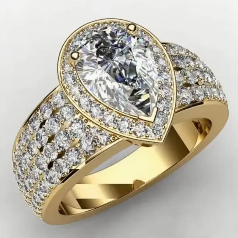 Women's Luxury Golden Plated Ring Fully Covered With Cubic Zircon Design Elegant Ring Banquet Temperament Jewelry