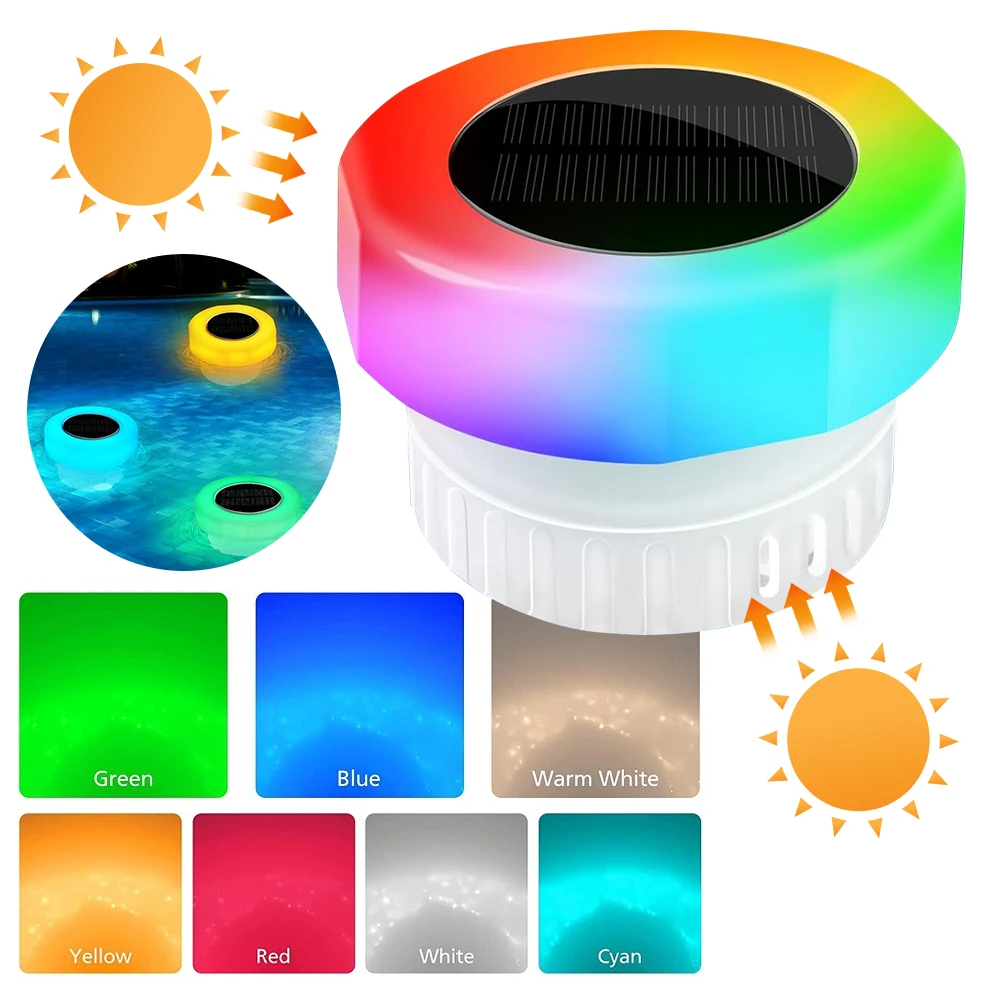 Solar Powered Chlorine Floating Water Cleaner with Colorful Light Pool Floating Chlorinator IP68 Waterproof for Pool Hot Tub