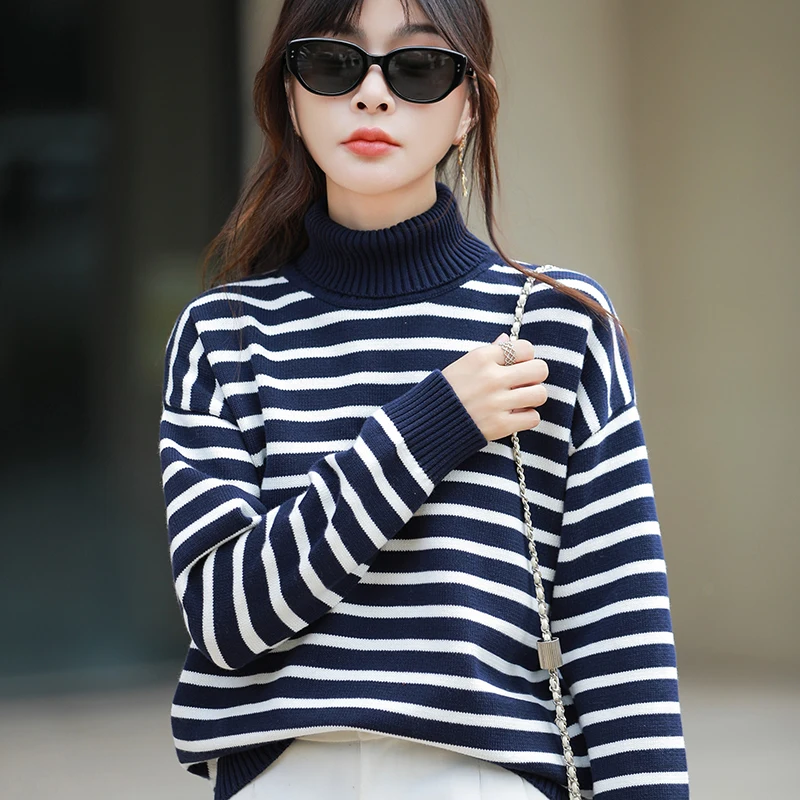 Outono e inverno novo algodão de malha listrado acolchoado camisola feminina lapela alta manga comprida casaco de fundo de algodão