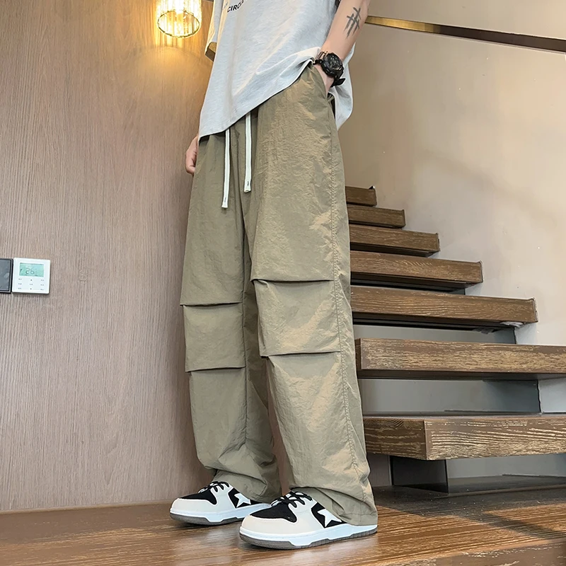 

Spring and Autumn Men's Solid High Waist Elastic Loose Plus Size Folds Cargo Pants Pockets Classic Fashion Casual Trousers