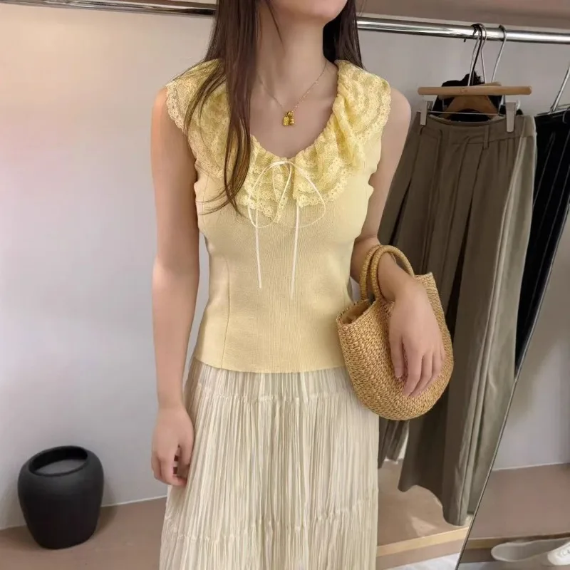 Nice Women Clothing Summer Fashion Casual Lace Solid Color O-neck Female Simplicity All-match Appear Thin Drawstring Sleeveless