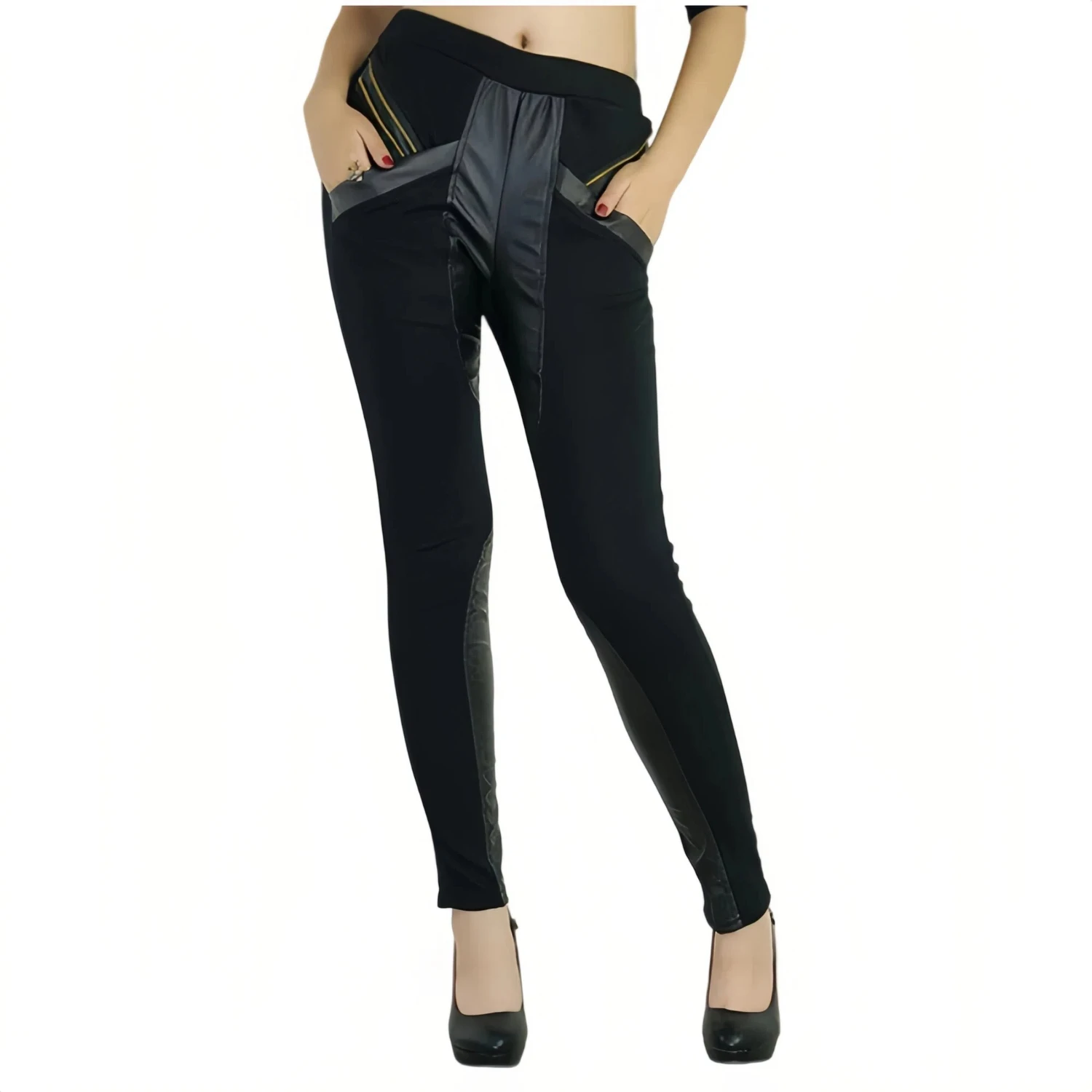 Women Faux Leather Patchwork Skinny Pants Elastic High Waist Slim Fit Pencil Trousers With Pockets