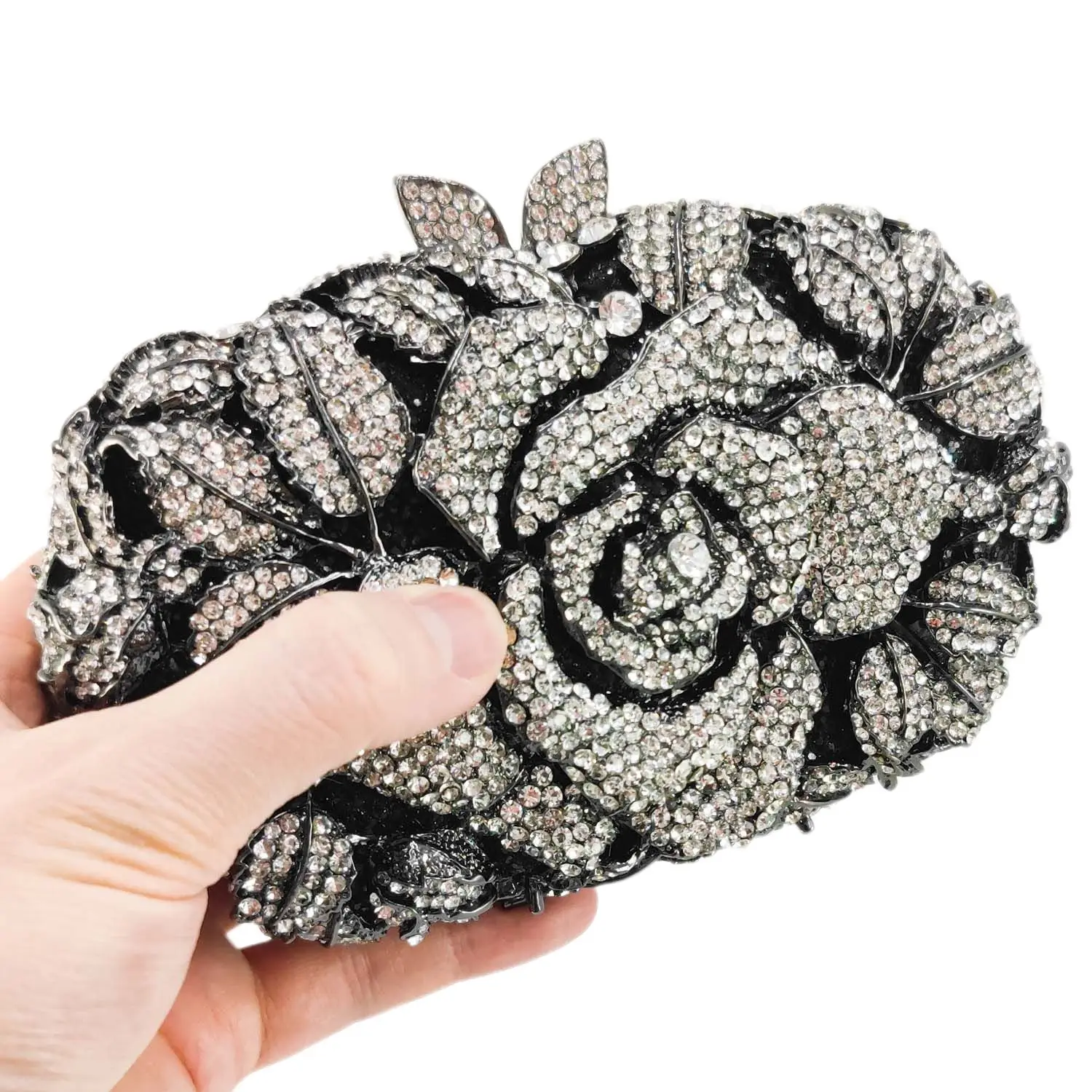 Boutique De FGG Black Flower Clutch Evening Bags for Women Formal Party Crystal Handbags Bride Diamond Minaudiere Purses Bag