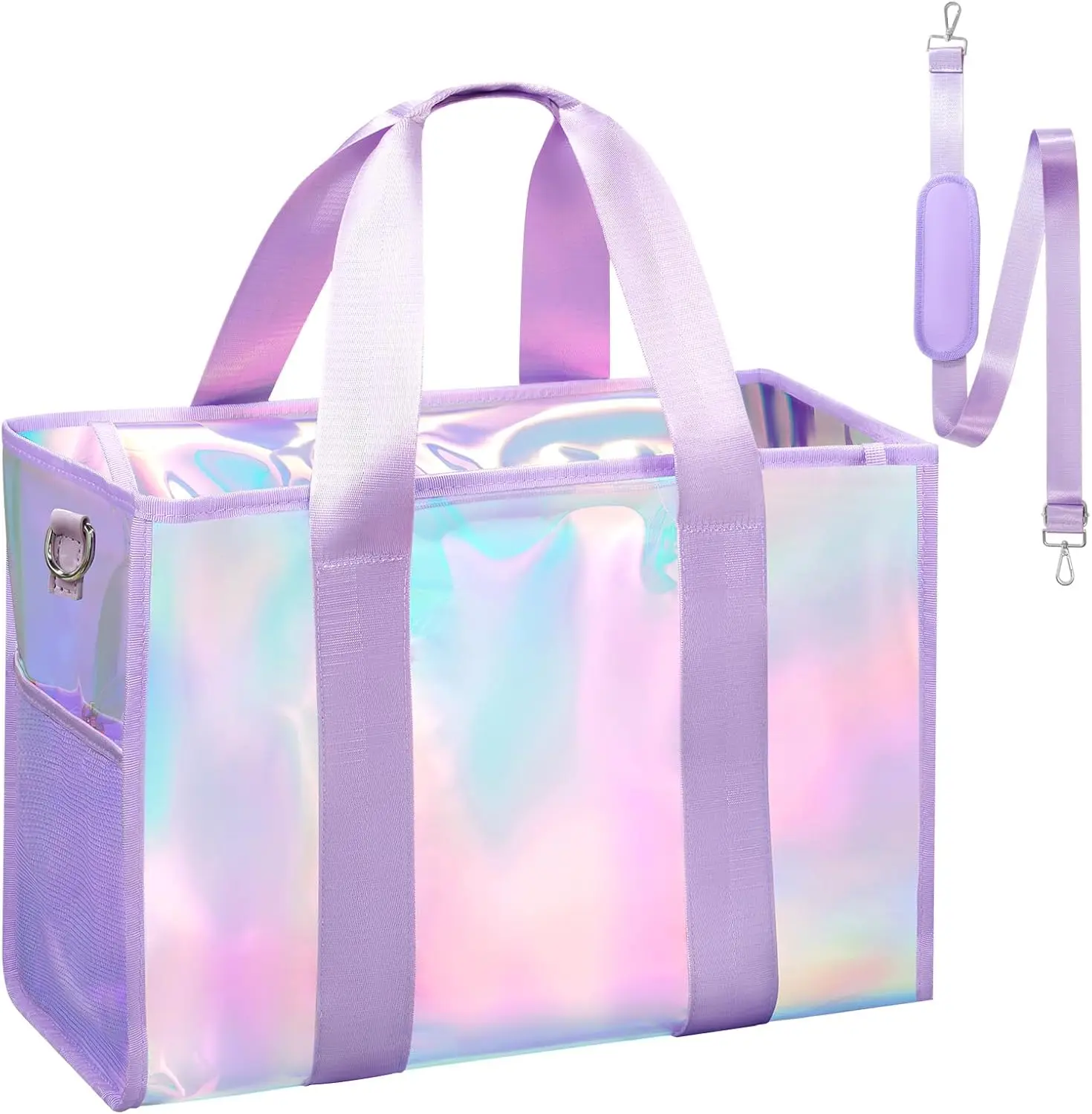

26L Large Iridescent Waterproof Beach Tote with Zipper & Phone Pouch, Sand-Proof Crossbody Bag for Women