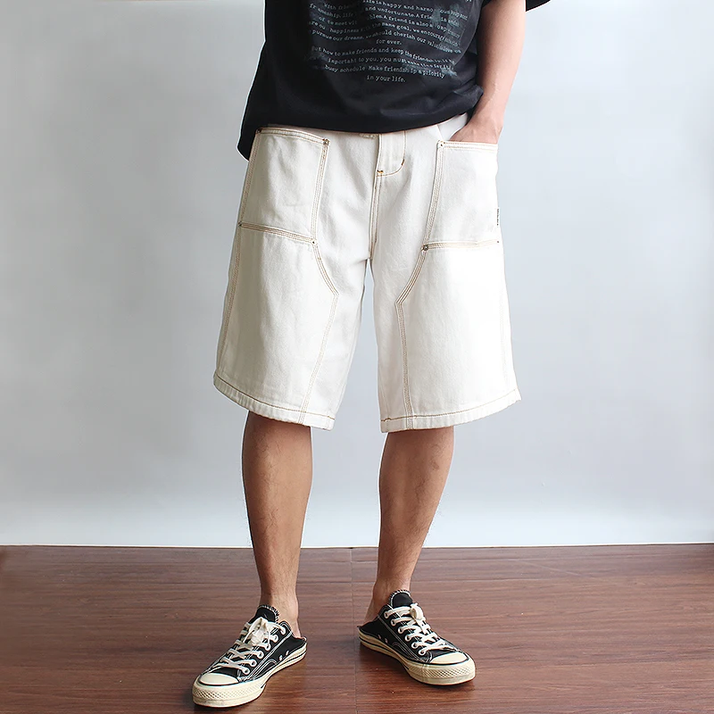 Retro Pure Cotton Washed Patchwork Denim Mid-length Pants For Men's Summer Heavy-duty Twill Loose Denim Capri Pants