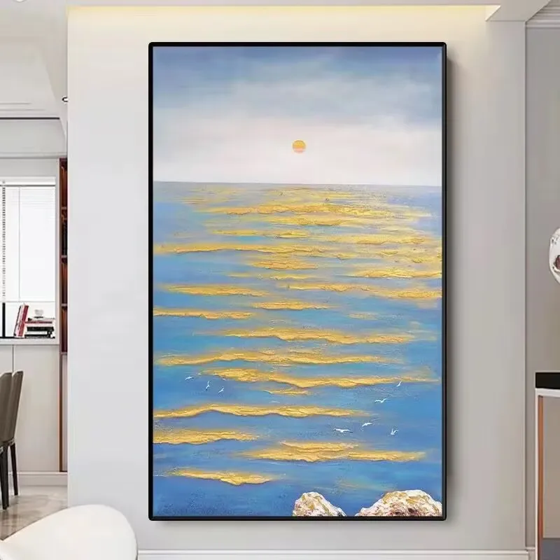 2024 New Warm Color Sea Waves Living Room Sofa Decoration Painting Sunrise Abstract Handmade Oil Painting Living Home Decoration