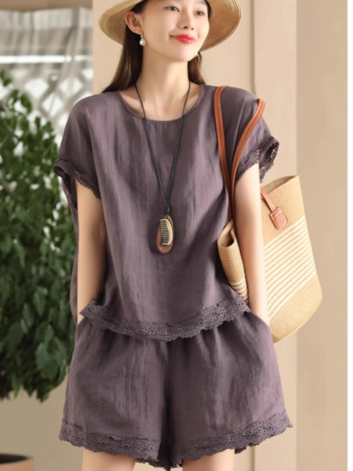 

Casual Cotton ort Sve Women's Set Loose Wide Leg orts Pure Color Two Piece Suit Summer Faion Ensemble