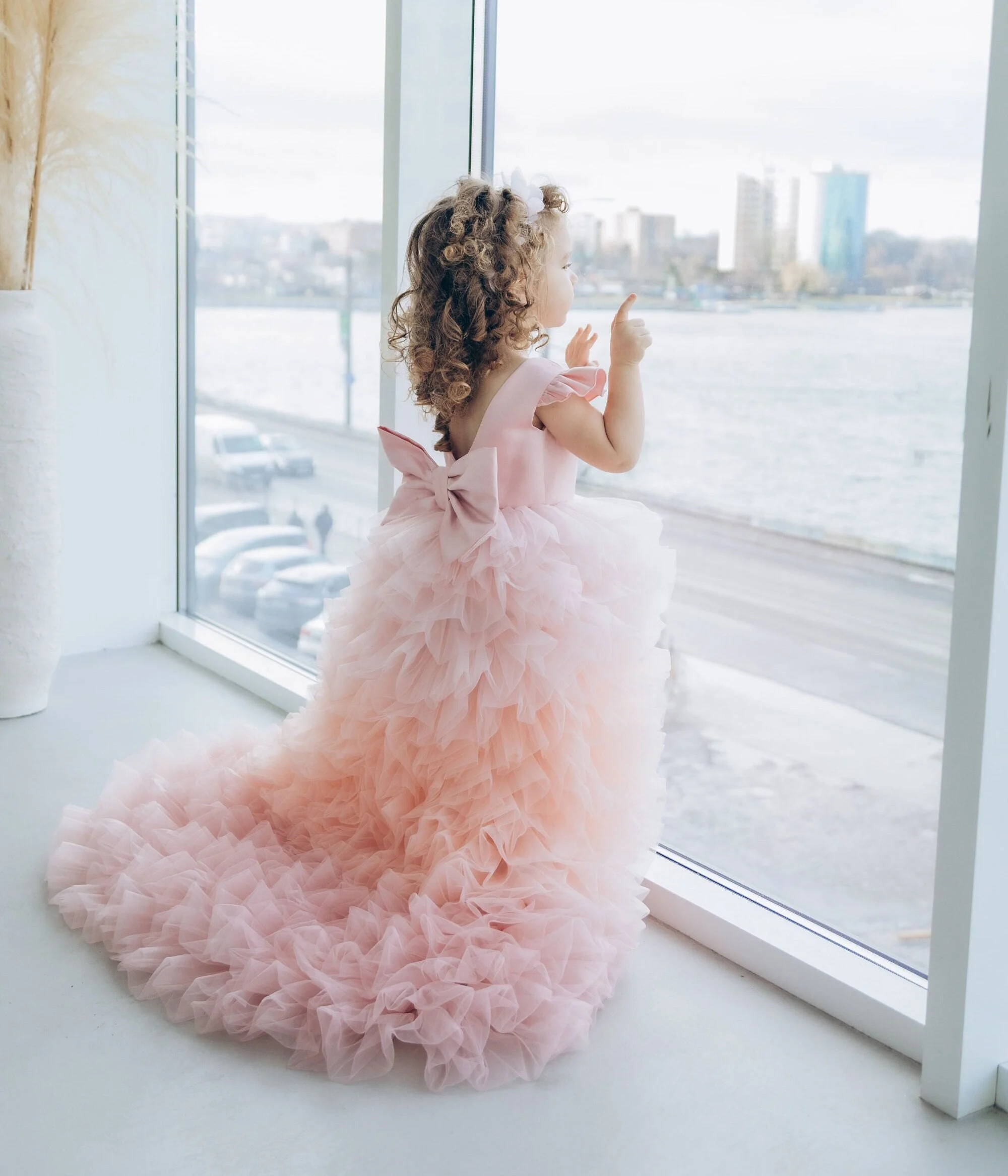 Blush Pink Gorgeous First Year Birthday Party Abito da bambina con strascico per bambino Tulle soffice abito da ragazza di fiori per matrimonio