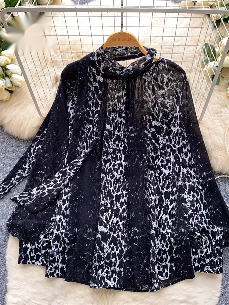 

Chiffon Leopard OL Blouse Women French Workwear Fashion Ribbons Flowy Loose Top Spring Summer Sheer Vintage Sexy Shirt