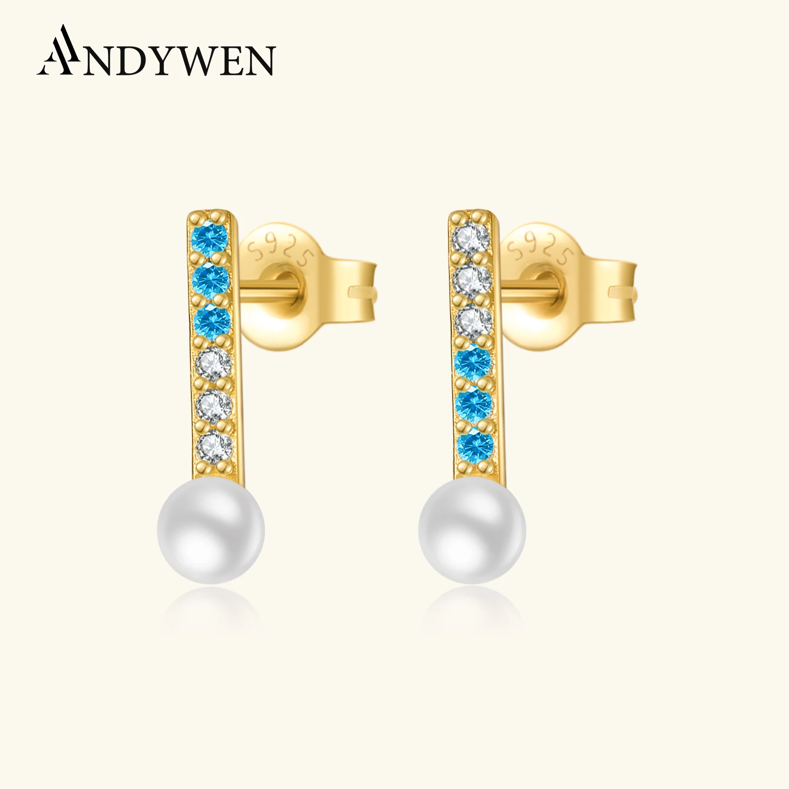 

ANDYWEN 925 Sterling Silver Geometry CZ Light Blue Zircon Pearl Piercing Stud Earrings 2024 Women New Design Fine Jewelry Gifts