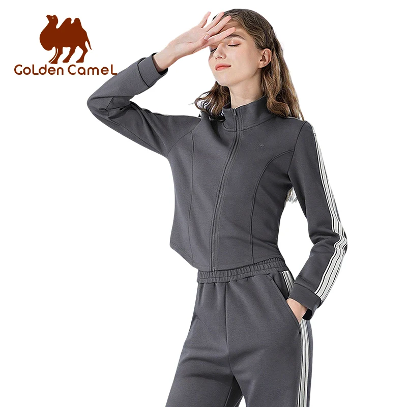 

GOLDEN CAMEL Women's Sports Suit Fashion Slim Fitness Gym Two-piece Jogging Suit Stand Collar Casual Long Sleeve T-shirts Pants