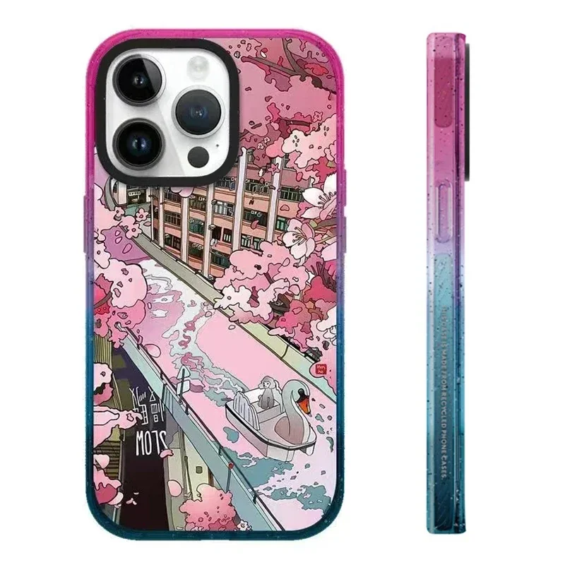 

MagSafe Mirror Surface Sakura Painting Pattern iPhone 11 12 13 14 15 Pro Max Protective Case with MagSafe