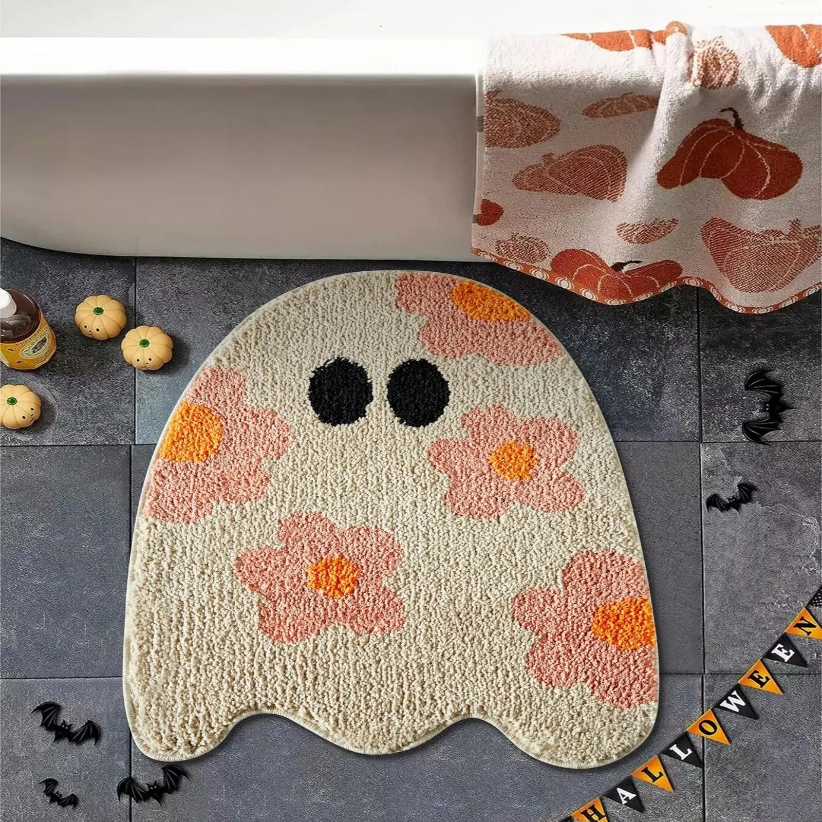 Halloween Ghost Imitation Cashmere Entrance Door Mat Cartoon Bathroom Slip Carpet cute Ghost Shape Printed Home rug Decoration