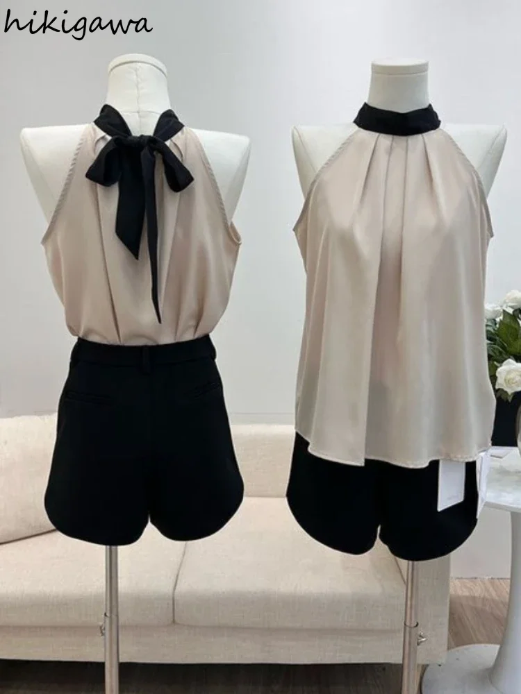 Temperament Camisas De Mujer Sleeveless Summer Blouses Women Clothing Bandage Bow Loose Tops Solid Color Thin Vintage Shirts