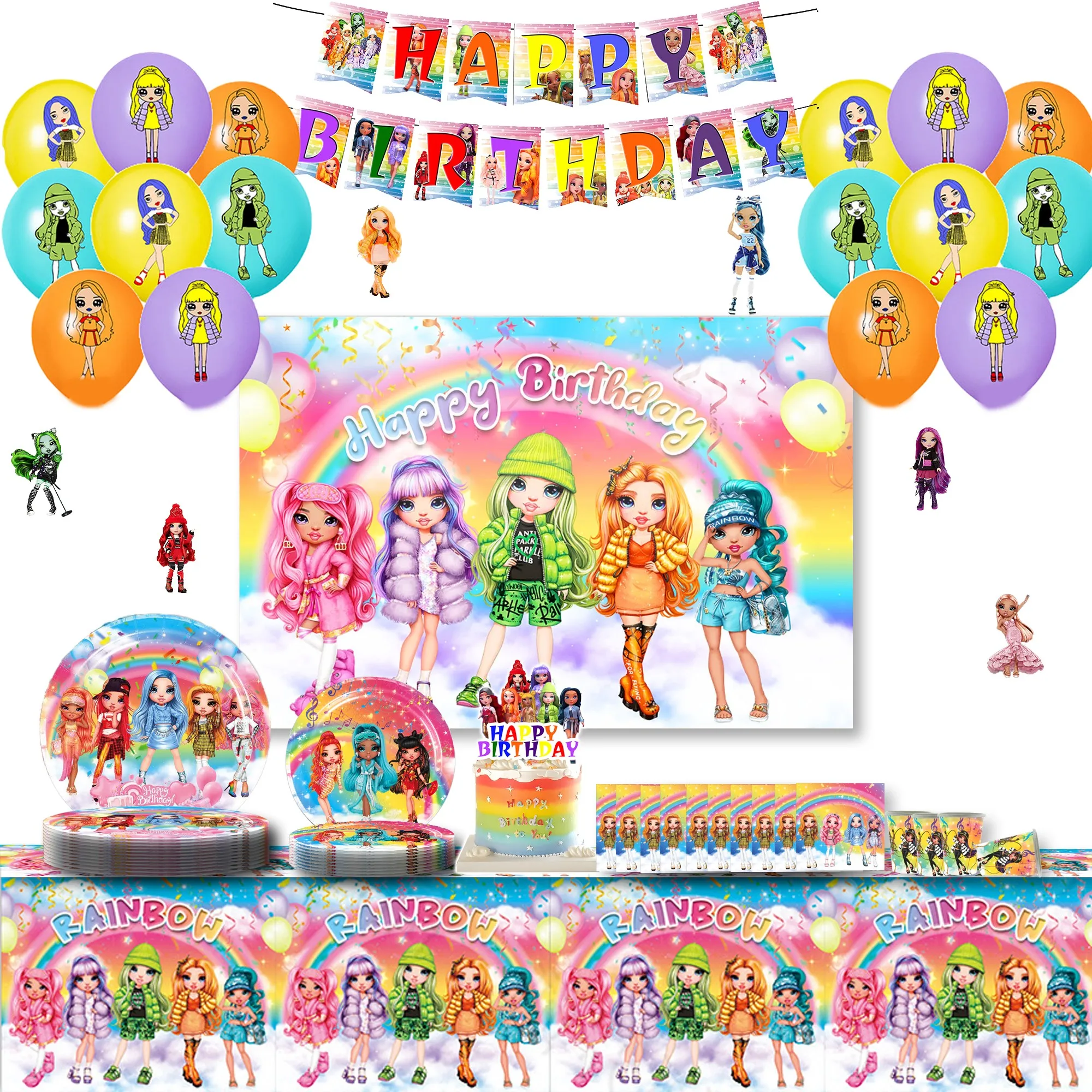 Hot Rainbow High Birthday Party cutlery plate Disposable Banner Topper Hanging Flag Balloons Set Birthday backdrop Decorations