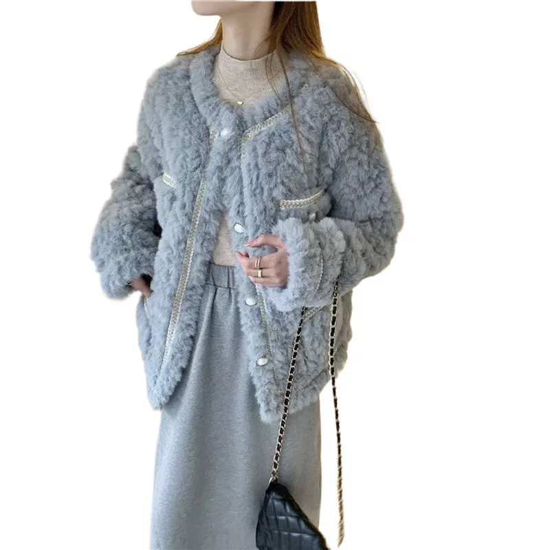 Winter French Warm Cute Faux Fur Socialite Delicate Elegant Blue Pearl Button Loose Dating Commuting Fashion Round Neck Coat